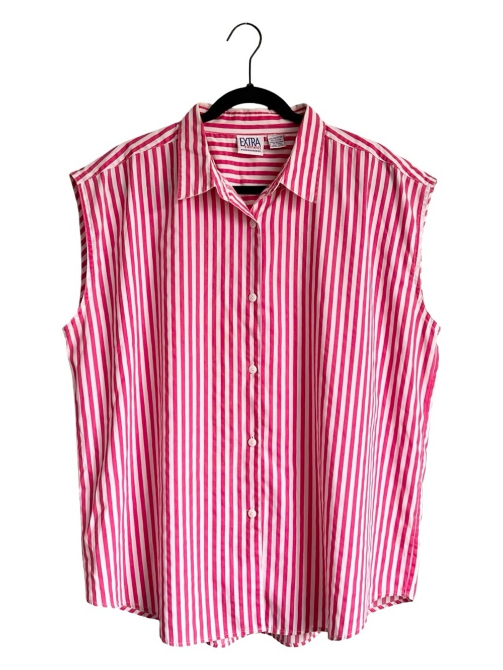 Vintage Pink White Striped Sleeveless Button Up Shirt 20W Summer Coastal Preppy